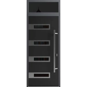 Front Exterior Prehung Steel Door / Ronex 0131 Black Enamel / Transom Window Sidelite / Stainless Inserts Entry Metal Modern Painted W36" x H80+16" Left hand Inswing