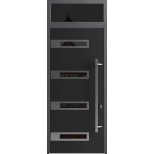 Front Exterior Prehung Steel Door / Ronex 0131 Black Enamel 96" / Transom Window Sidelite / Stainless Inserts Entry Metal Modern Painted W36" x H96+16" Left hand Inswing