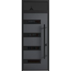 Front Exterior Prehung Steel Door / Ronex 0131 Grey / Transom Window Sidelite / Entry Metal Modern Painted W36" x H80+16" Left hand Inswing