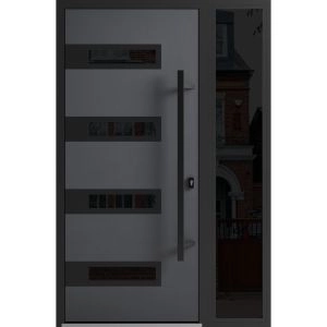 Front Exterior Prehung Steel Door / Ronex 0131 Grey / Sidelight Exterior Window Sidelite / Entry Metal Modern Painted W36+12" x H80" Left hand Inswing