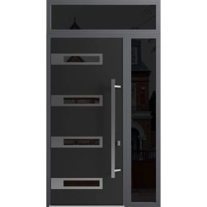 Front Exterior Prehung Steel Door / Ronex 0131 Black Enamel 96" / Sidelight and Transom Window Sidelite / Stainless Inserts Entry Metal Modern Painted W36+12" x H96+16" Left hand Inswing