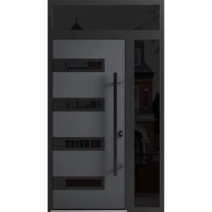 Front Exterior Prehung Steel Door / Ronex 0131 Grey / Sidelight and Transom Window Sidelite / Entry Metal Modern Painted W36+12" x H80+16" Left hand Inswing