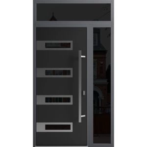 Front Exterior Prehung Steel Door / Ronex 0131 Black Enamel / Sidelight and Transom Window Sidelite / Stainless Inserts Entry Metal Modern Painted W36+12" x H80+16" Left hand Inswing