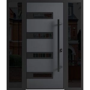 Front Exterior Prehung Steel Door / Ronex 0131 Grey / 2 Sidelight Exterior Windows Sidelites/ Entry Metal Modern Painted W12+36+12" x H80" Left hand Inswing