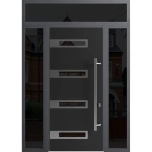 Front Exterior Prehung Steel Door / Ronex 0131 Black Enamel 96" / 2 Sidelight and Transom Window Sidelite / Stainless Inserts Entry Metal Modern Painted W12+36+12" x H96+16" Left hand Inswing