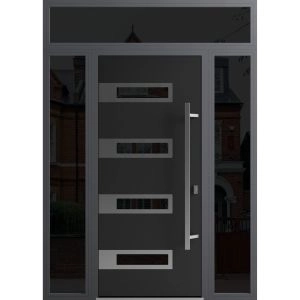Front Exterior Prehung Steel Door / Ronex 0131 Black Enamel / 2 Sidelight and Transom Window Sidelite / Stainless Inserts Entry Metal Modern Painted W12+36+12" x H80+16" Left hand Inswing