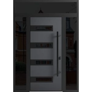 Front Exterior Prehung Steel Door / Ronex 0131 Grey / 2 Sidelight and Transom Window Sidelite / Entry Metal Modern Painted W12+36+12" x H80+16" Left hand Inswing