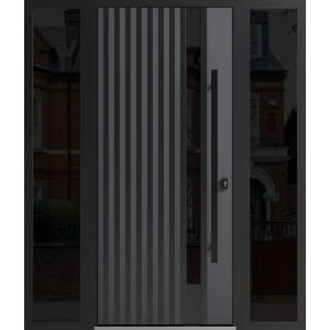 Front Exterior Prehung Steel Door / Ronex 0144 Grey / 2 Sidelight Exterior Windows Sidelites/ Entry Metal Modern Painted W12+36+12" x H80" Left hand Inswing