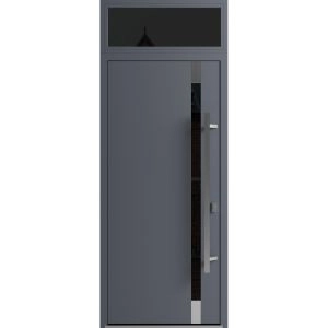 Front Exterior Prehung Steel Door / Ronex 1011 Grey / Transom Window Sidelite / Stainless Inserts Entry Metal Modern Painted W36" x H80+16" Left hand Inswing