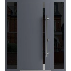 Front Exterior Prehung Steel Door / Ronex 1011 Grey / 2 Sidelight Exterior Windows Sidelites/ Stainless Inserts Entry Metal Modern Painted W12+36+12" x H80" Left hand Inswing