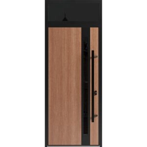 Front Exterior Prehung Steel Door / Ronex 1033 Teak / Transom Window Sidelite / Entry Metal Modern Painted W36" x H80+16" Left hand Inswing