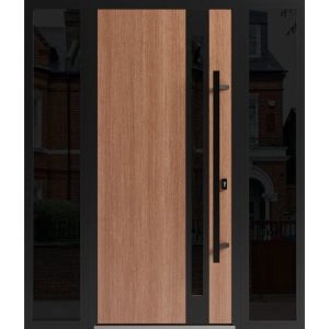 Front Exterior Prehung Steel Door / Ronex 1033 Teak / 2 Sidelight Exterior Windows Sidelites/ Entry Metal Modern Painted W12+36+12" x H80" Left hand Inswing
