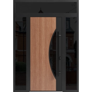 Front Exterior Prehung Steel Door / Ronex 1077 Teak / 2 Sidelight and Transom Window Sidelite / Entry Metal Modern Painted W12+36+12" x H80+16" Left hand Inswing
