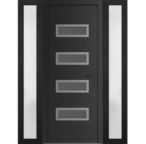 Front Exterior Prehung Metal-Plastic Door | Manux 8113 Matte Black | 2 Side Sidelite Transoms | Office Commercial and Residential Doors Entrance Patio Garage 56" x 80" (W12+32+12" x H80") Left hand Inswing