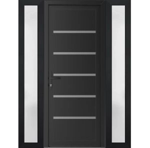 Front Exterior Prehung Metal-Plastic Door | Manux 8415 Matte Black | 2 Side Sidelite Transoms | Office Commercial and Residential Doors Entrance Patio Garage 58" x 80" (W14+30+14" x H80") Right hand Inswing