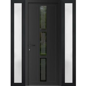 Front Exterior Prehung Metal-Plastic Door | Manux 8112 Matte Black | 2 Side Sidelite Transoms | Office Commercial and Residential Doors Entrance Patio Garage 64" x 80" (W14+36+14" x H80") Right hand Inswing