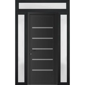 Front Exterior Prehung Metal-Plastic Door | Manux 8415 Matte Black | 2 Side and Top Sidelite Transom | Office Commercial and Residential Doors Entrance Patio Garage 54" x 94" (W12+30+12" x H80+14") Right hand Inswing