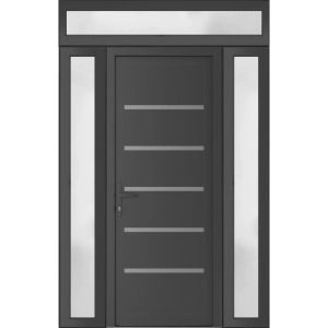 Front Exterior Prehung Metal-Plastic Door | Manux 8415 Antracite Grey | 2 Side and Top Sidelite Transom | Office Commercial and Residential Doors Entrance Patio Garage 54" x 94" (W12+30+12" x H80+14") Right hand Inswing