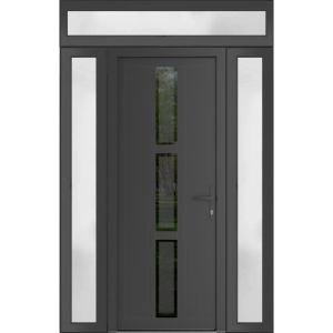 Front Exterior Prehung Metal-Plastic Door | Manux 8112 Antracite Grey | 2 Side and Top Sidelite Transom | Office Commercial and Residential Doors Entrance Patio Garage 64" x 94" (W14+36+14" x H80+14") Left hand Inswing