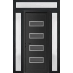 Front Exterior Prehung Metal-Plastic Door | Manux 8113 Matte Black | 2 Side and Top Sidelite Transom | Office Commercial and Residential Doors Entrance Patio Garage 56" x 94" (W12+32+12" x H80+14") Right hand Inswing