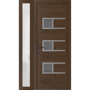 Front Exterior Prehung Metal-Plastic Door | Manux 8933 Walnut | Side Sidelite Transom | Office Commercial and Residential Doors Entrance Patio Garage 42" x 80" (W30+12" x H80") Right hand Inswing