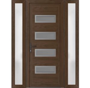 Front Exterior Prehung Metal-Plastic Door | Manux 8113 Walnut | 2 Side Sidelite Transoms | Office Commercial and Residential Doors Entrance Patio Garage 56" x 80" (W12+32+12" x H80") Right hand Inswing