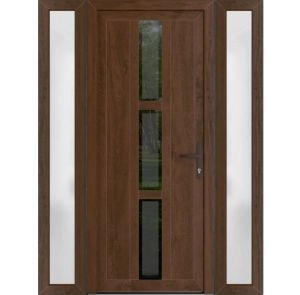 Front Exterior Prehung Metal-Plastic Door | Manux 8112 Walnut | 2 Side Sidelite Transoms | Office Commercial and Residential Doors Entrance Patio Garage 64" x 80" (W14+36+14" x H80") Left hand Inswing