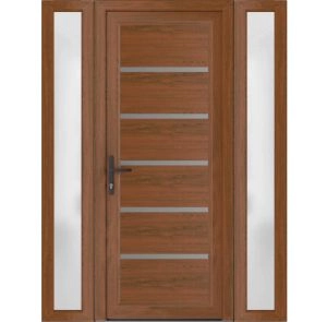 Front Exterior Prehung Metal-Plastic Door | Manux 8415 Walnut | 2 Side Sidelite Transoms | Office Commercial and Residential Doors Entrance Patio Garage 54" x 80" (W12+30+12" x H80") Right hand Inswing