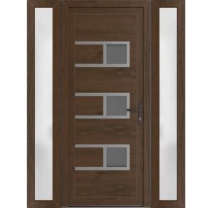 Front Exterior Prehung Metal-Plastic Door | Manux 8933 Walnut | 2 Side Sidelite Transoms | Office Commercial and Residential Doors Entrance Patio Garage 60" x 80" (W12+36+12" x H80") Left hand Inswing