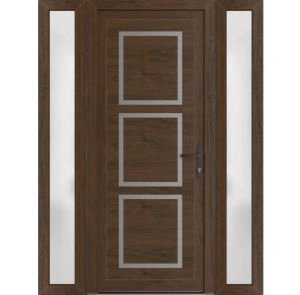 Front Exterior Prehung Metal-Plastic Door | Manux 8661 Walnut | 2 Side Sidelite Transoms | Office Commercial and Residential Doors Entrance Patio Garage 60" x 80" (W12+36+12" x H80") Left hand Inswing