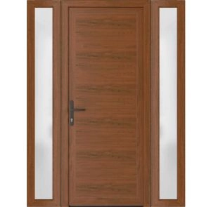 Front Exterior Prehung Metal-Plastic Door | Manux 8111 Walnut | 2 Side Sidelite Transoms | Office Commercial and Residential Doors Entrance Patio Garage 60" x 80" (W12+36+12" x H80") Right hand Inswing