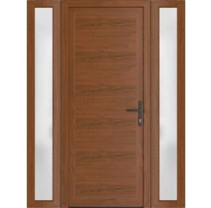 Front Exterior Prehung Metal-Plastic Door | Manux 8111 Walnut | 2 Side Sidelite Transoms | Office Commercial and Residential Doors Entrance Patio Garage 60" x 80" (W12+36+12" x H80") Left hand Inswing