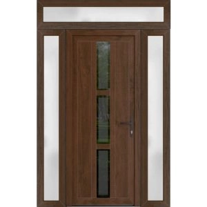 Front Exterior Prehung Metal-Plastic Door | Manux 8112 Walnut | 2 Side and Top Sidelite Transom | Office Commercial and Residential Doors Entrance Patio Garage 64" x 94" (W14+36+14" x H80+14") Left hand Inswing