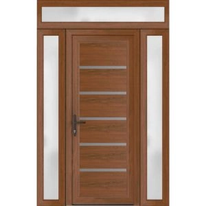 Front Exterior Prehung Metal-Plastic Door | Manux 8415 Walnut | 2 Side and Top Sidelite Transom | Office Commercial and Residential Doors Entrance Patio Garage 54" x 94" (W12+30+12" x H80+14") Right hand Inswing