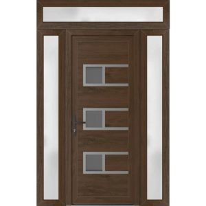 Front Exterior Prehung Metal-Plastic Door | Manux 8933 Walnut | 2 Side and Top Sidelite Transom | Office Commercial and Residential Doors Entrance Patio Garage 54" x 94" (W12+30+12" x H80+14") Right hand Inswing