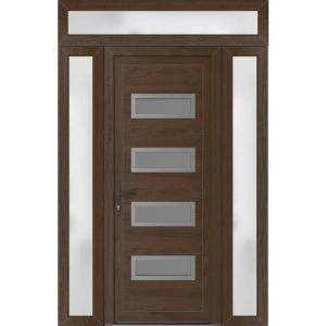 Front Exterior Prehung Metal-Plastic Door | Manux 8113 Walnut | 2 Side and Top Sidelite Transom | Office Commercial and Residential Doors Entrance Patio Garage 56" x 94" (W12+32+12" x H80+14") Right hand Inswing