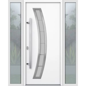 Front Exterior Prehung Steel Door / Deux 6500 White / 2 Sidelight Exterior Windows / Stainless Inserts Single Modern Painted-W16+36+16" x H80"-Right-hand Inswing