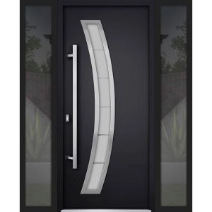 Front Exterior Prehung Steel Door / Deux 6500 Black / 2 Sidelight Exterior Windows / Stainless Inserts Single Modern Painted-W16+36+16" x H80"-Right-hand Inswing