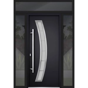 Front Exterior Prehung Steel Door / Deux 6500 Black / 2 Sidelight and Transom Window / Stainless Inserts Single Modern Painted-W16+36+16" x H80+16"-Right-hand Inswing