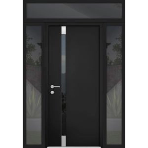 Front Exterior Prehung Steel Door / Cynex 6777 Black / 2 Sidelight and Transom Window / Stainless Inserts Single Modern Painted-W12+36+12" x H80+16"-Right-hand Inswing