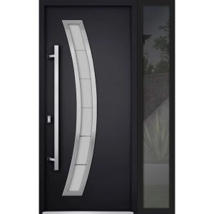 Front Exterior Prehung Steel Door / Deux 6500 Black / Sidelight Exterior Window /  Stainless Inserts Single Modern Painted-W36+12" x H80"-Right-hand Inswing