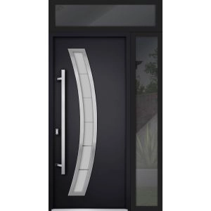 Front Exterior Prehung Steel Door / Deux 6500 Black / Sidelight and Transom Window / Stainless Inserts Single Modern Painted-W36+16" x H80+16"-Right-hand Inswing