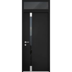 Front Exterior Prehung Steel Door / Cynex 6777 Black / Transom Window / Stainless Inserts Single Modern Painted-W36" x H80+16"-Right-hand Inswing