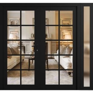 Front Exterior Prehung Metal-Plastic Double Doors Clear Glass / MANUX 8100 Matte Black / Office Commercial and Residential Doors Entrance Patio Garage 84" x 80" Left-Hand Inswing