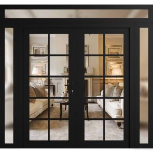 Front Exterior Prehung Metal-Plastic Double Doors Clear Glass / MANUX 8100 Matte Black / Office Commercial and Residential Doors Entrance Patio Garage 96" x 96" Left-Hand Inswing