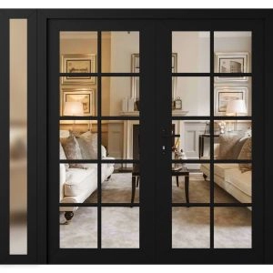 Front Exterior Prehung Metal-Plastic Double Doors Clear Glass / MANUX 8100 Matte Black / Office Commercial and Residential Doors Entrance Patio Garage 84" x 80" Right-Hand Inswing