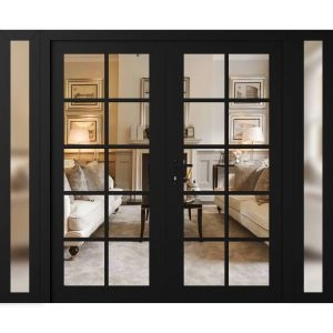 Front Exterior Prehung Metal-Plastic Double Doors Clear Glass / MANUX 8100 Matte Black / Office Commercial and Residential Doors Entrance Patio Garage 96" x 80" Right-Hand Inswing