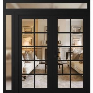 Front Exterior Prehung Metal-Plastic Double Doors Clear Glass / MANUX 8100 Matte Black / Office Commercial and Residential Doors Entrance Patio Garage 84" x 92" Right-Hand Inswing