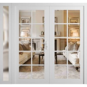 Front Exterior Prehung Metal-Plastic Double Doors Clear Glass / MANUX 8100 White Silk / Office Commercial and Residential Doors Entrance Patio Garage 88" x 80" Left-Hand Inswing