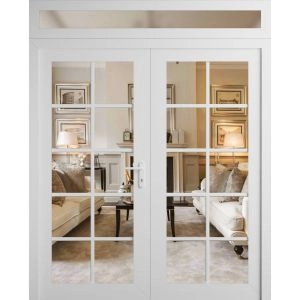 Front Exterior Prehung Metal-Plastic Double Doors Clear Glass / MANUX 8100 White Silk / Office Commercial and Residential Doors Entrance Patio Garage 72" x 96" Left-Hand Inswing